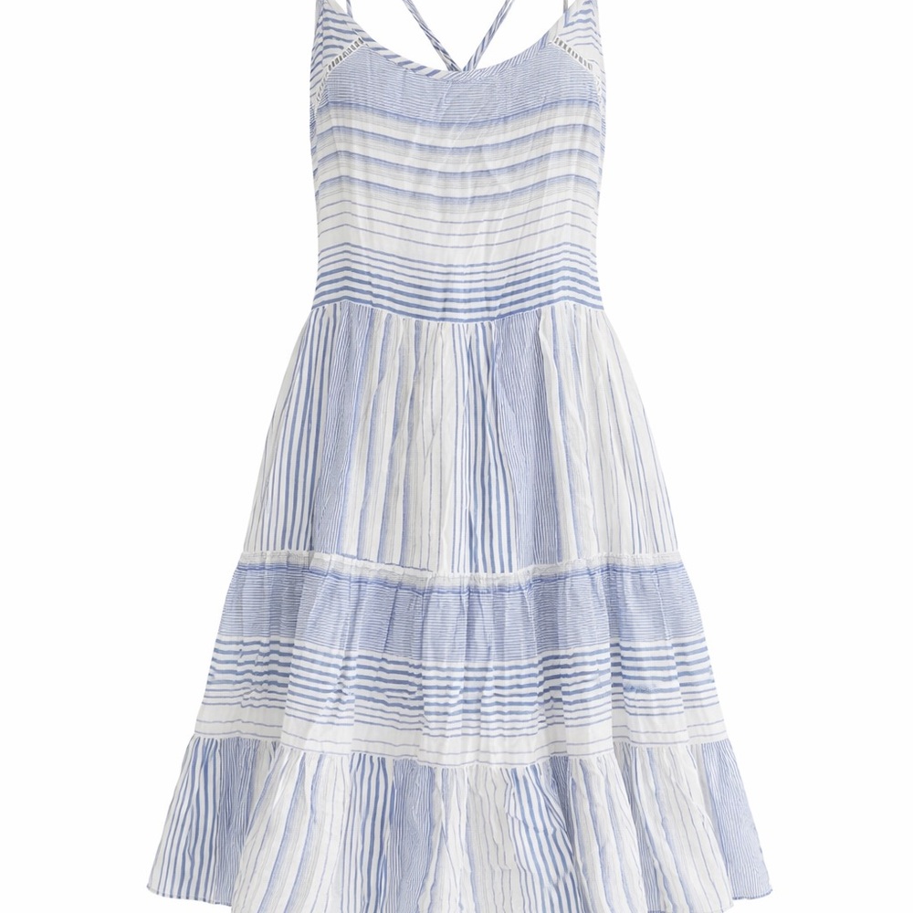 Entro Blue & White Striped Tiered Sundress Boho Mini Dress Size M